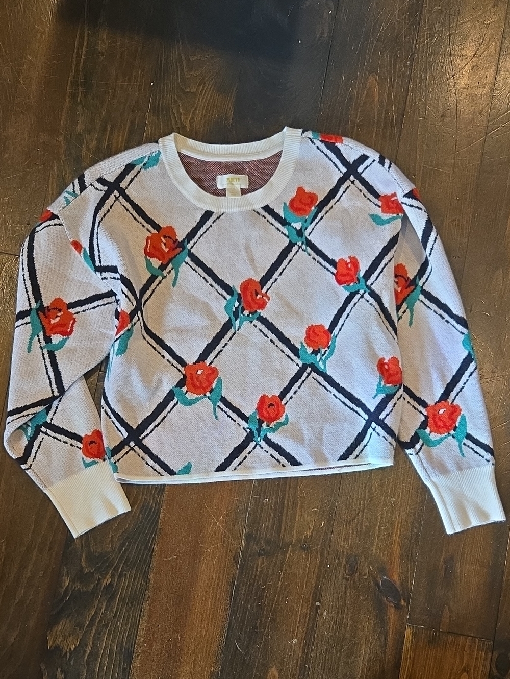 Maeve Cropped Crew Neck Rose Floral Sweater-Small -$98 A636-5